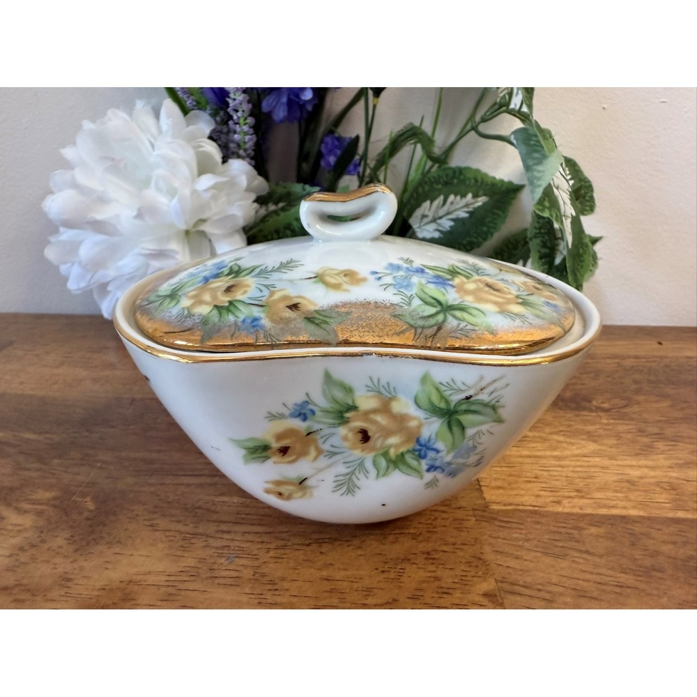 Vintage‎ Japanese Porcelain Lidded Dish Yellow Roses and Blue Florals Gold Trim